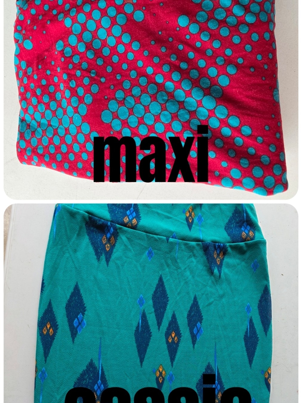 Lularoe Maxi Skirt in Red with Teal Dots / Cassie Green Geometric
